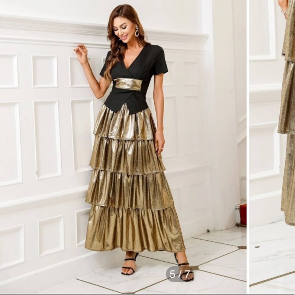 New Never Worn Tiered Layer Metallic Skirt and Black and Gold Contrast Panel Top